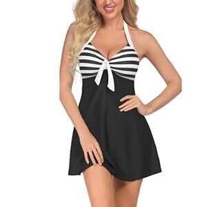 Plus Size Retro Skipper 1-PC Sailor Swimsuit Pin Up Nautical Halter Swim Dress
